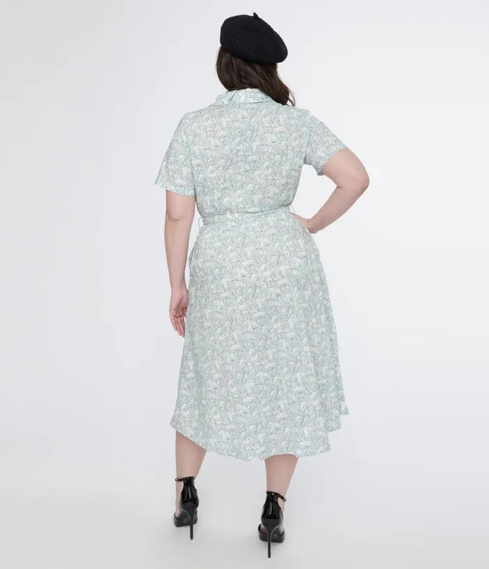 Plus Size 1940s Light Blue and White Cat Print Cotton Midi Dress Dresses Unique Vintage Pocket Dresses