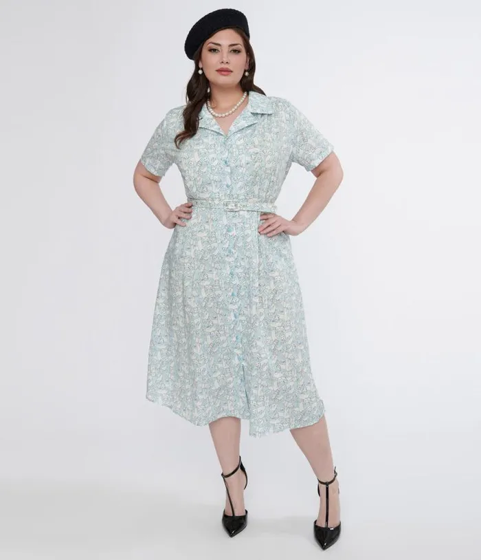 Plus Size 1940s Light Blue and White Cat Print Cotton Midi Dress Dresses Unique Vintage Pocket Dresses