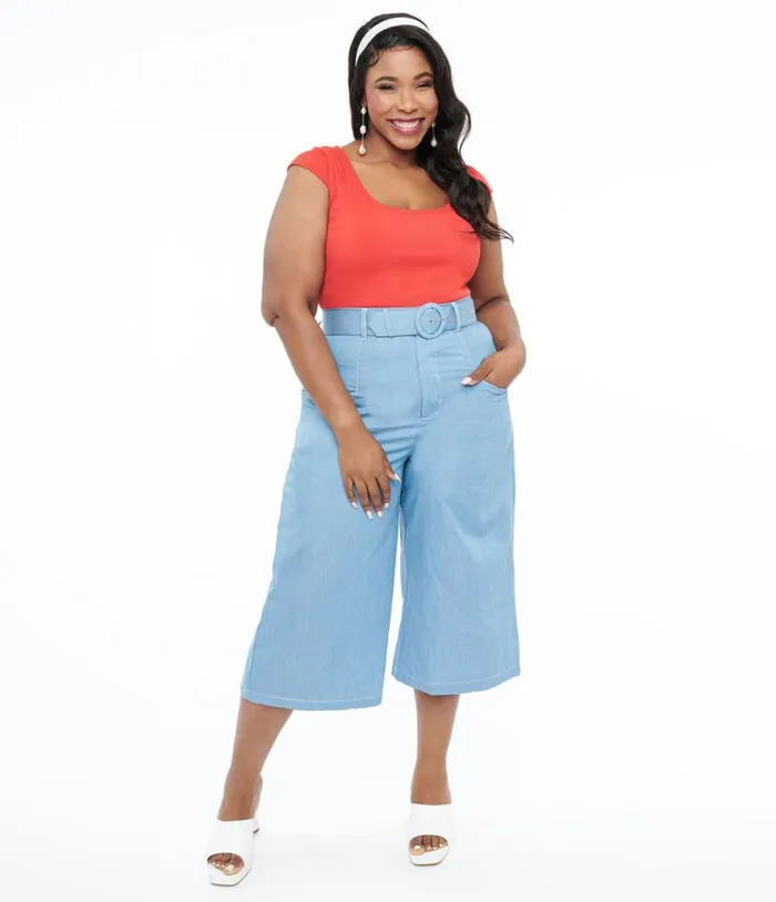 Plus Size 1940s Light Blue Denim Ginger Capri Pants ClothingPlus Unique Vintage Pants Plus Size 1940s Light Blue Denim Ginger Capri Pants ClothingPlus Unique Vintage Pants