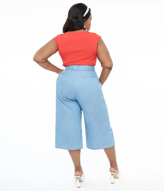 Plus Size 1940s Light Blue Denim Ginger Capri Pants ClothingPlus Unique Vintage Pants