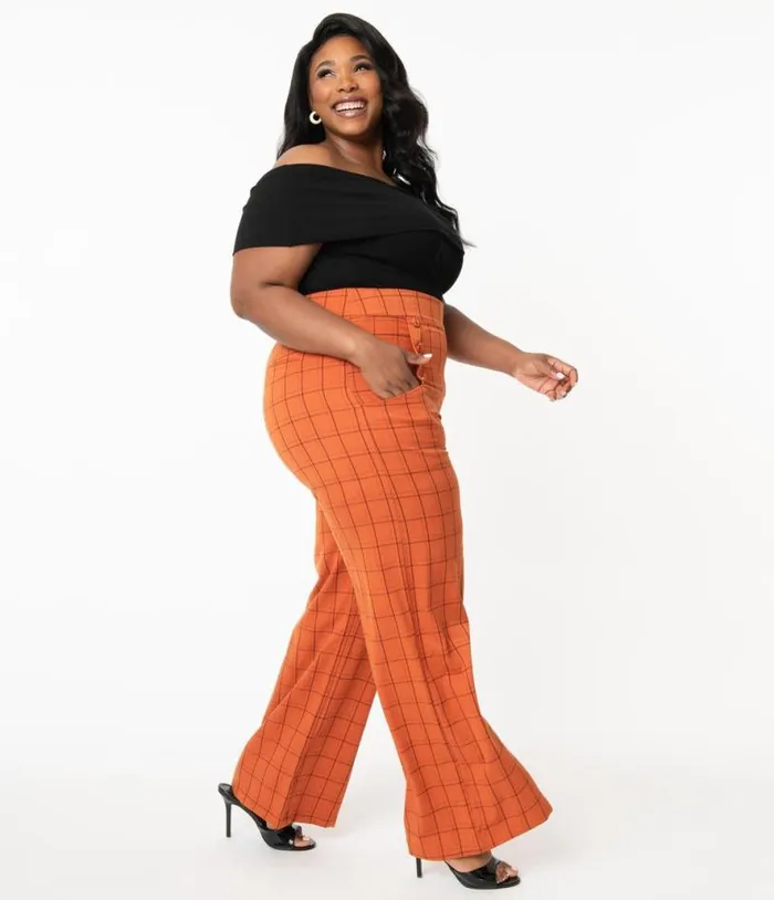 Plus Size 1940s Orange Windowpane High Waist Ginger Pants ClothingHalloweenPlus Unique Vintage Bottoms Plus Size 1940s Orange Windowpane High Waist Ginger Pants ClothingHalloweenPlus Unique Vintage Bottoms