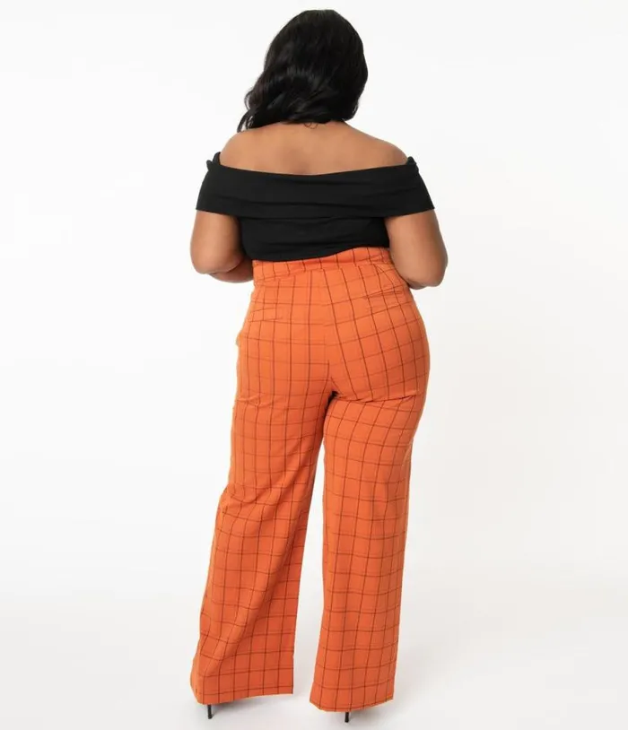 Plus Size 1940s Orange Windowpane High Waist Ginger Pants ClothingHalloweenPlus Unique Vintage Bottoms
