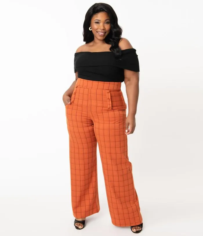 Plus Size 1940s Orange Windowpane High Waist Ginger Pants ClothingHalloweenPlus Unique Vintage Bottoms