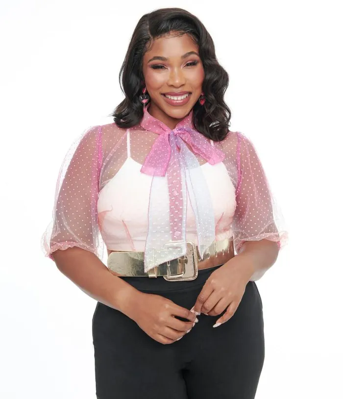 Plus Size 1940s Sheer Rainbow Clip Dot Tie Neck Gwen Blouse ClothingPlus Unique Vintage Blouses Plus Size 1940s Sheer Rainbow Clip Dot Tie Neck Gwen Blouse ClothingPlus Unique Vintage Blouses