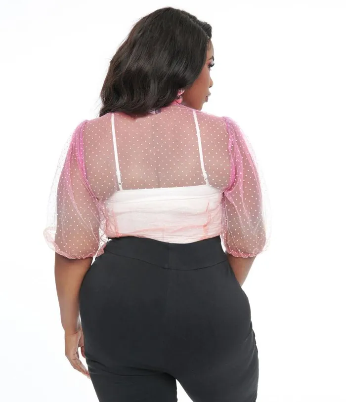 Plus Size 1940s Sheer Rainbow Clip Dot Tie Neck Gwen Blouse ClothingPlus Unique Vintage Blouses