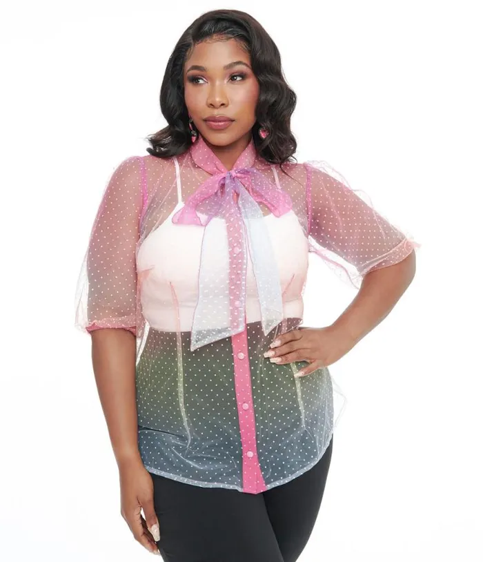 Plus Size 1940s Sheer Rainbow Clip Dot Tie Neck Gwen Blouse ClothingPlus Unique Vintage Blouses