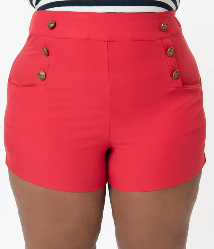 Plus Size 1940s Style Red High Waist Sailor Debbie Shorts ClothingPlus Unique Vintage Shorts
