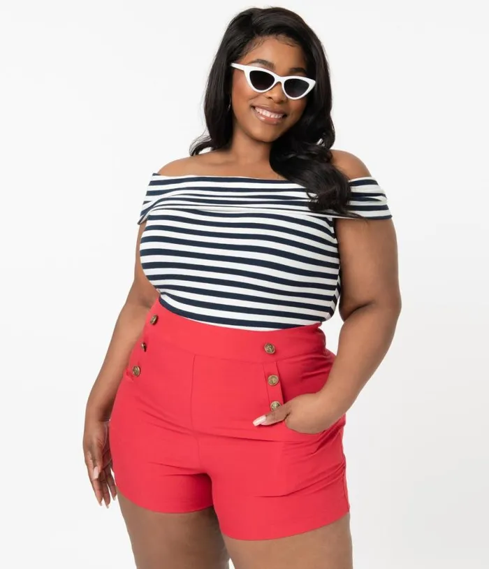 Plus Size 1940s Style Red High Waist Sailor Debbie Shorts ClothingPlus Unique Vintage Shorts