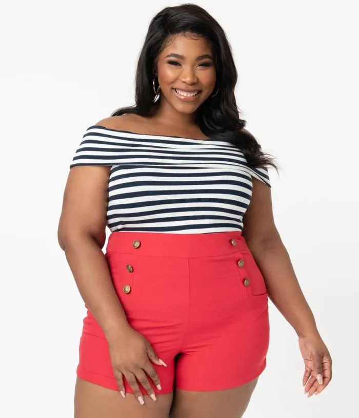 Plus Size 1940s Style Red High Waist Sailor Debbie Shorts ClothingPlus Unique Vintage Shorts
