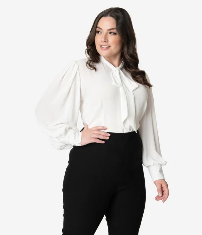 Plus Size 1940s White Neck Tie Gwen Blouse ClothingPlus Unique Vintage Blouses Plus Size 1940s White Neck Tie Gwen Blouse ClothingPlus Unique Vintage Blouses