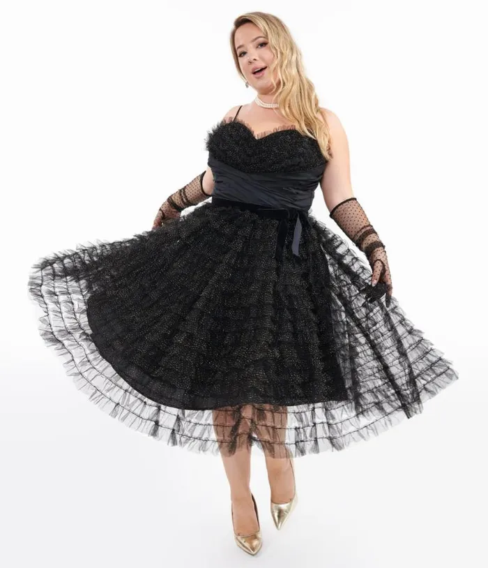 Plus Size 1950s Black and Gold Glitter Tulle Cupcake Swing Dress DressesPlus Unique Vintage Swing Plus Size 1950s Black and Gold Glitter Tulle Cupcake Swing Dress DressesPlus Unique Vintage Swing