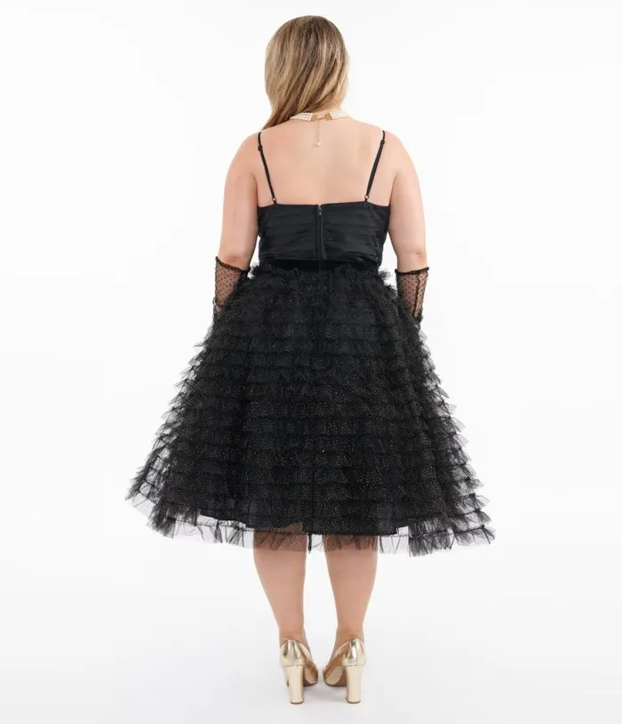 Plus Size 1950s Black and Gold Glitter Tulle Cupcake Swing Dress DressesPlus Unique Vintage Swing