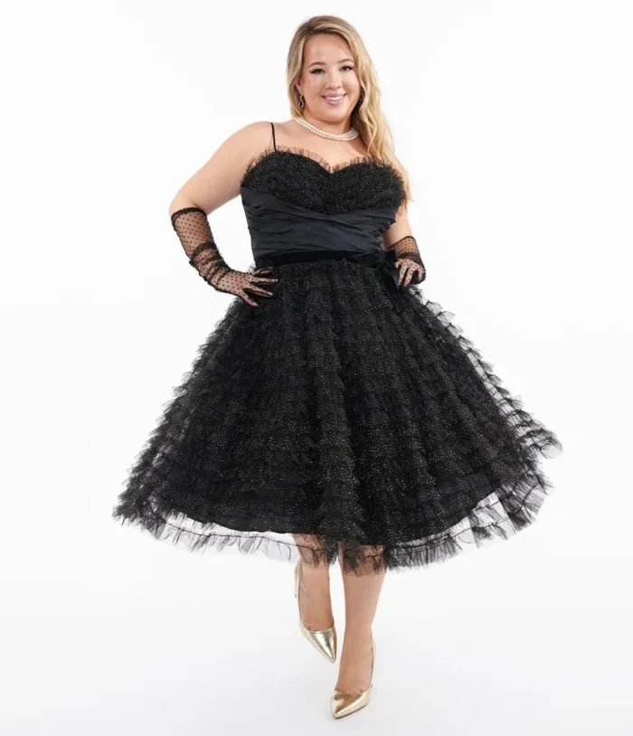 Plus Size 1950s Black and Gold Glitter Tulle Cupcake Swing Dress DressesPlus Unique Vintage Swing