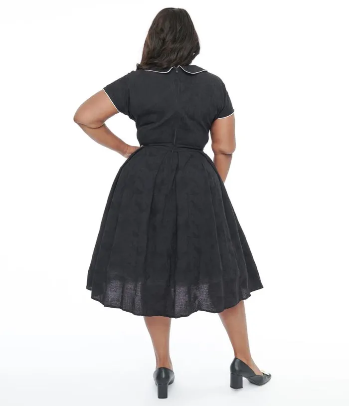 Plus Size 1950s Black and Ivory Polka Dot Bow Cotton Swing Dress DressesPlus Unique Vintage Pocket Dresses