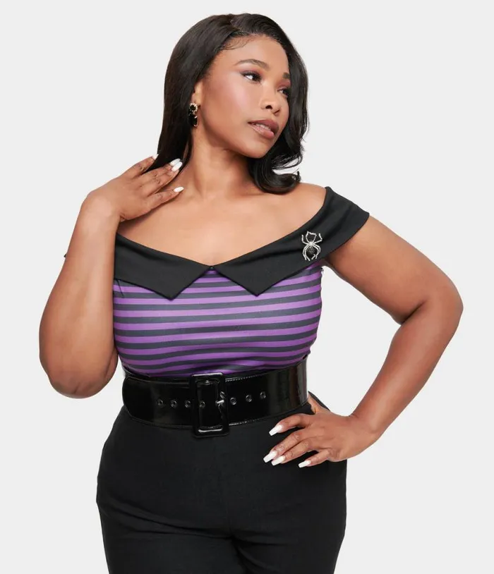 Plus Size 1950s Black and Purple Stripe Maraschino Top Halloween Unique Vintage Tops Plus Size 1950s Black and Purple Stripe Maraschino Top Halloween Unique Vintage Tops