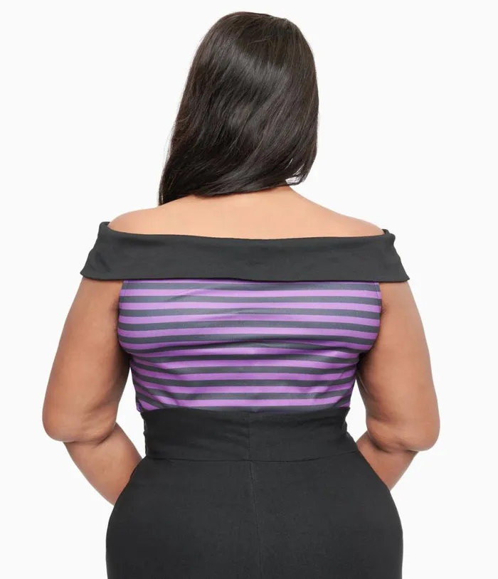 Plus Size 1950s Black and Purple Stripe Maraschino Top Halloween Unique Vintage Tops