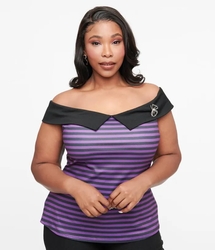 Plus Size 1950s Black and Purple Stripe Maraschino Top Halloween Unique Vintage Tops