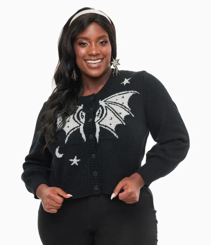 Plus Size 1950s Black and Silver Bat Cropped Cardigan ClothingHalloween Unique Vintage Sweaters and Cardigans