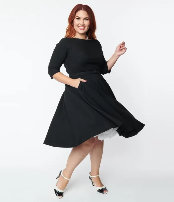 Plus Size 1950s Black Devon Swing Dress DressesPlus Unique Vintage Pocket Dresses