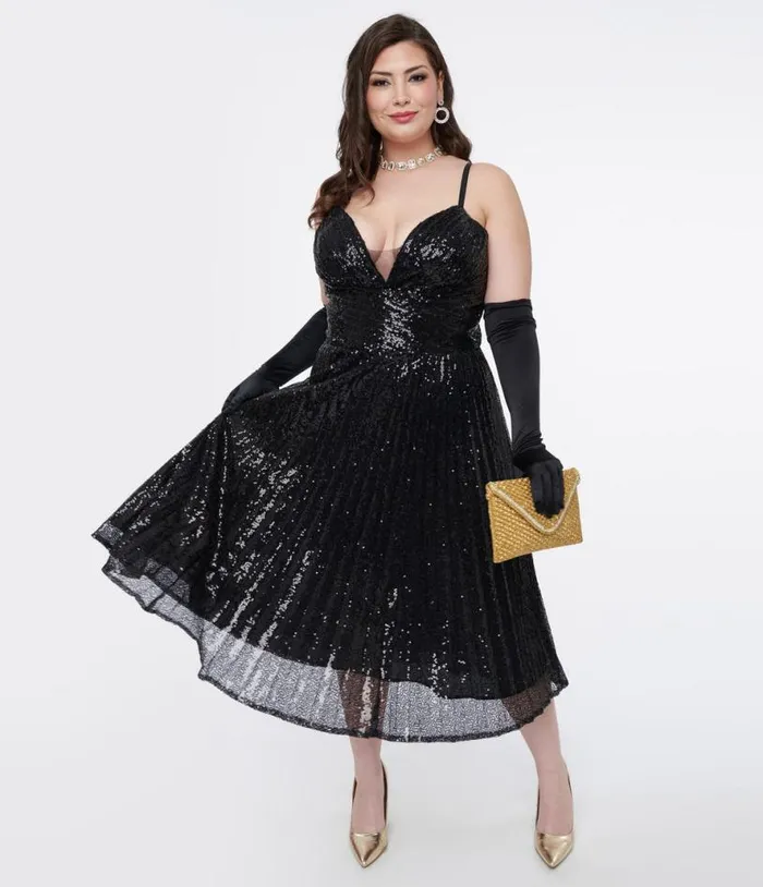 Plus Size 1950s Black Pleated Sequin Swing Dress DressesPlus Unique Vintage Swing