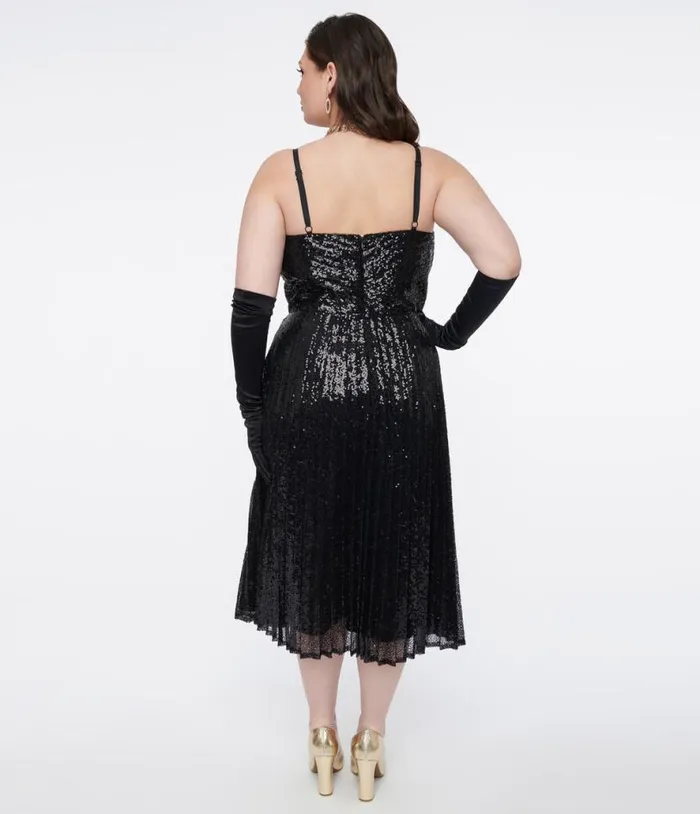 Plus Size 1950s Black Pleated Sequin Swing Dress DressesPlus Unique Vintage Swing