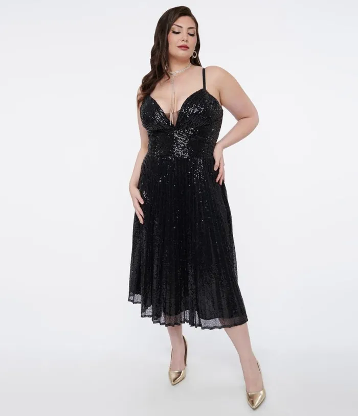 Plus Size 1950s Black Pleated Sequin Swing Dress DressesPlus Unique Vintage Swing