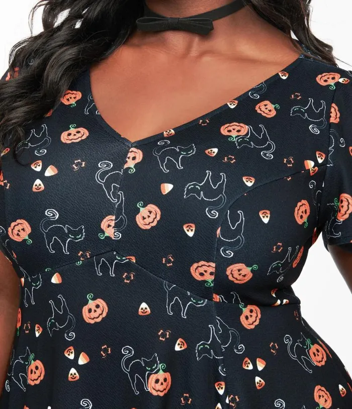 Plus Size 1950s Black Spooky Cats and Pumpkins Poppy Flare Dress DressesHalloweenPlus Unique Vintage Dresses
