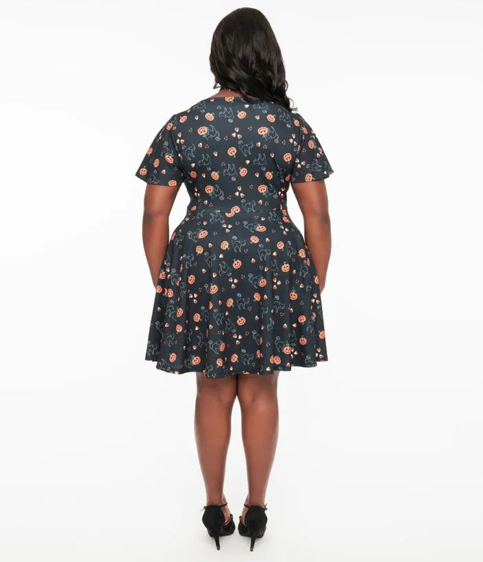 Plus Size 1950s Black Spooky Cats and Pumpkins Poppy Flare Dress DressesHalloweenPlus Unique Vintage Dresses