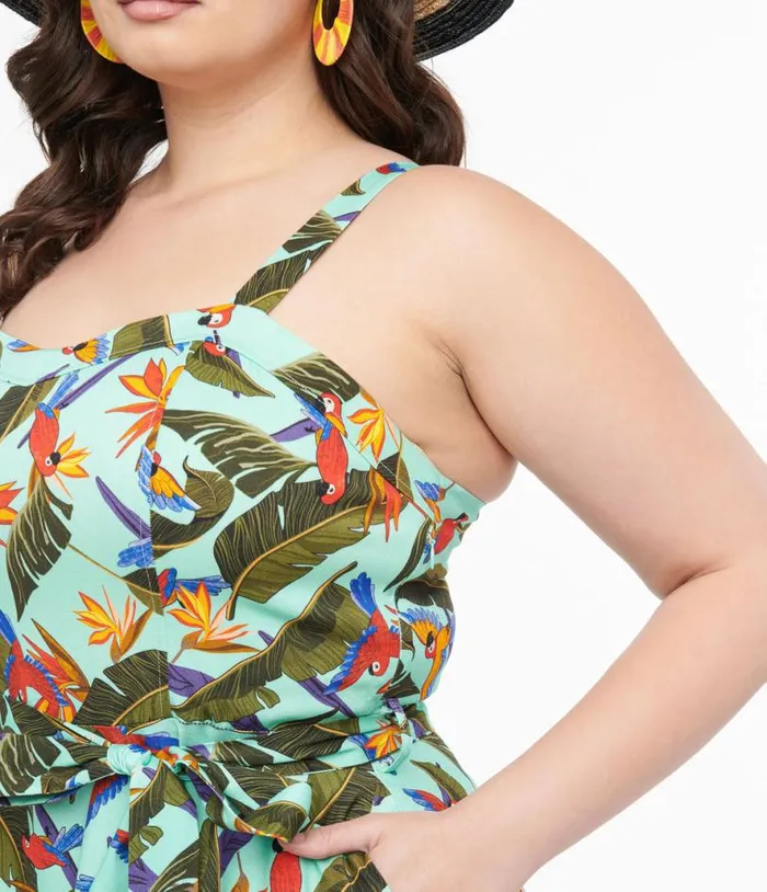 Plus Size 1950s Blue and Green Tropical Parrot Print Lori Swing Dress DressesPlus Unique Vintage Pocket Dresses