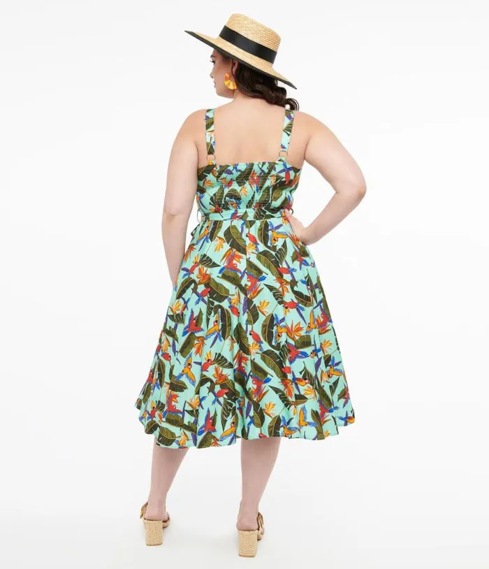 Plus Size 1950s Blue and Green Tropical Parrot Print Lori Swing Dress DressesPlus Unique Vintage Pocket Dresses