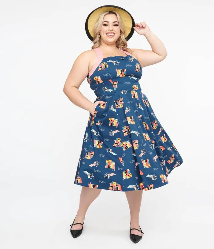 Plus Size 1950s Blue Cotton Portofino Living Print Swing Dress DressesPlus Unique Vintage Pocket Dresses