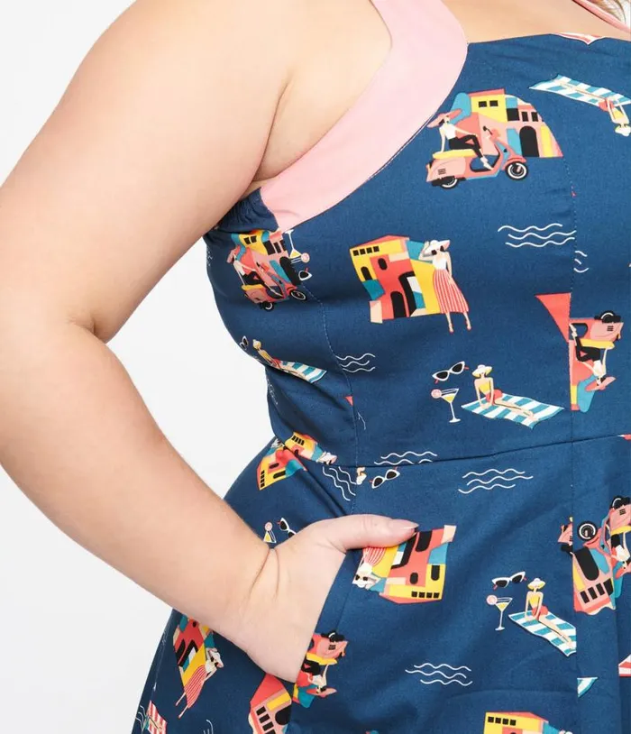 Plus Size 1950s Blue Cotton Portofino Living Print Swing Dress DressesPlus Unique Vintage Pocket Dresses