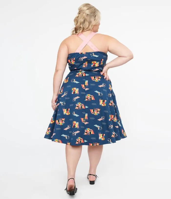 Plus Size 1950s Blue Cotton Portofino Living Print Swing Dress DressesPlus Unique Vintage Pocket Dresses