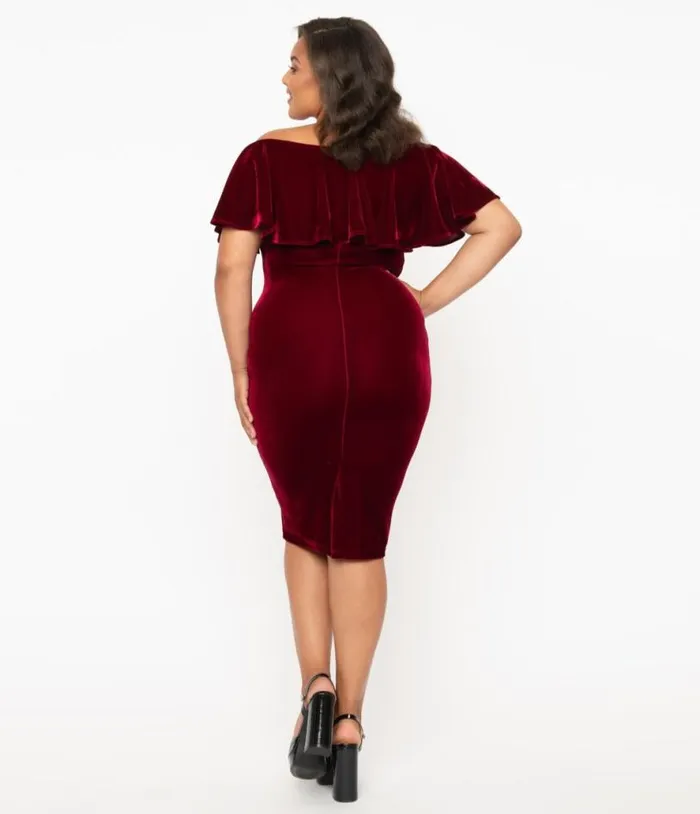 Plus Size 1950s Burgundy Red Velvet Sophia Wiggle Dress DressesPlus Unique Vintage Pencil