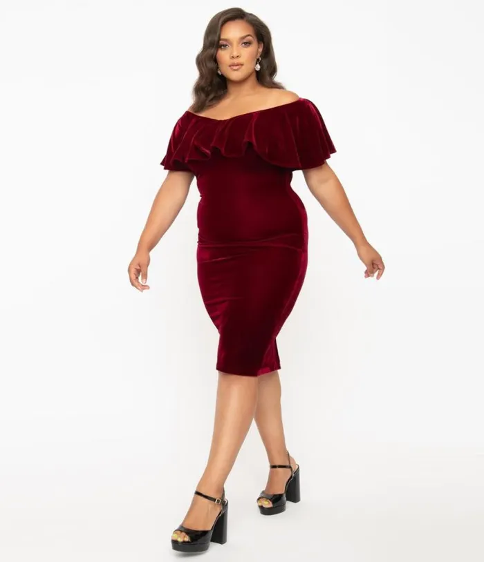 Plus Size 1950s Burgundy Red Velvet Sophia Wiggle Dress DressesPlus Unique Vintage Pencil