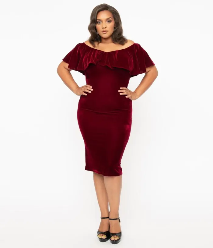 Plus Size 1950s Burgundy Red Velvet Sophia Wiggle Dress DressesPlus Unique Vintage Pencil
