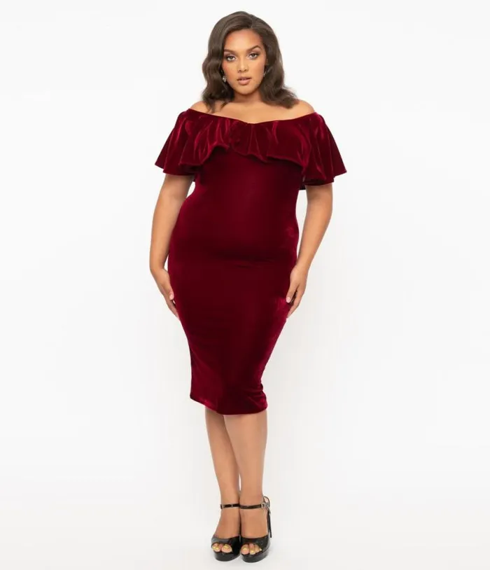 Plus Size 1950s Burgundy Red Velvet Sophia Wiggle Dress DressesPlus Unique Vintage Pencil