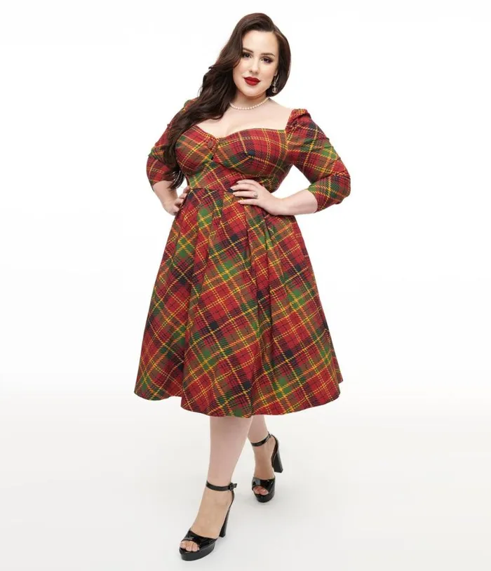 Plus Size 1950s Burnt Orange and Green Plaid Lamar Swing Dress DressesPlus Unique Vintage Swing Plus Size 1950s Burnt Orange and Green Plaid Lamar Swing Dress DressesPlus Unique Vintage Swing