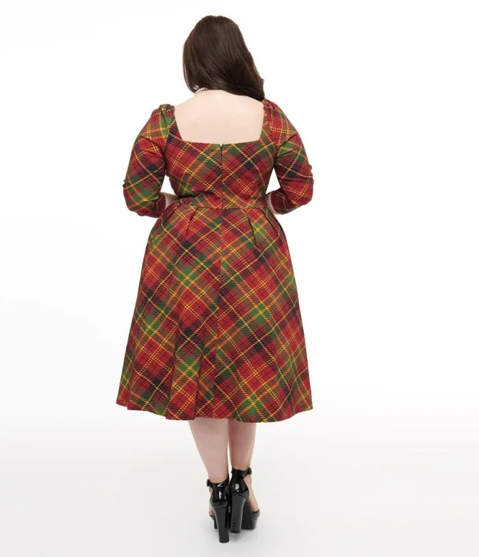 Plus Size 1950s Burnt Orange and Green Plaid Lamar Swing Dress DressesPlus Unique Vintage Swing