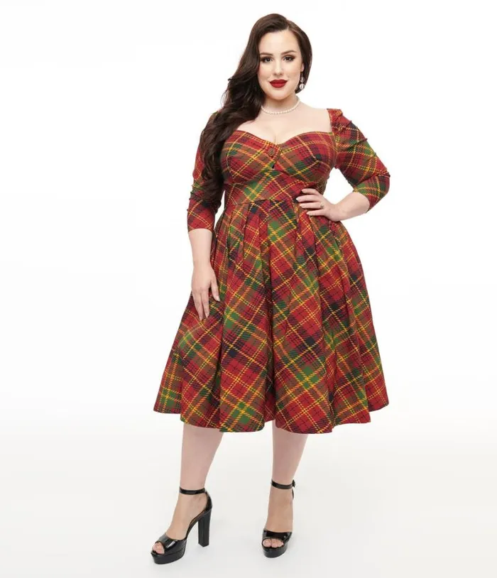 Plus Size 1950s Burnt Orange and Green Plaid Lamar Swing Dress DressesPlus Unique Vintage Swing
