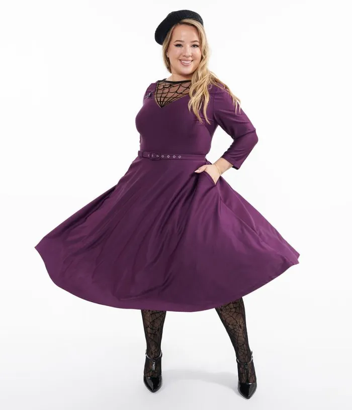 Plus Size 1950s Eggplant and Black Spiderweb Devon Swing Dress DressesHalloween Unique Vintage Dresses Plus Size 1950s Eggplant and Black Spiderweb Devon Swing Dress DressesHalloween Unique Vintage Dresses