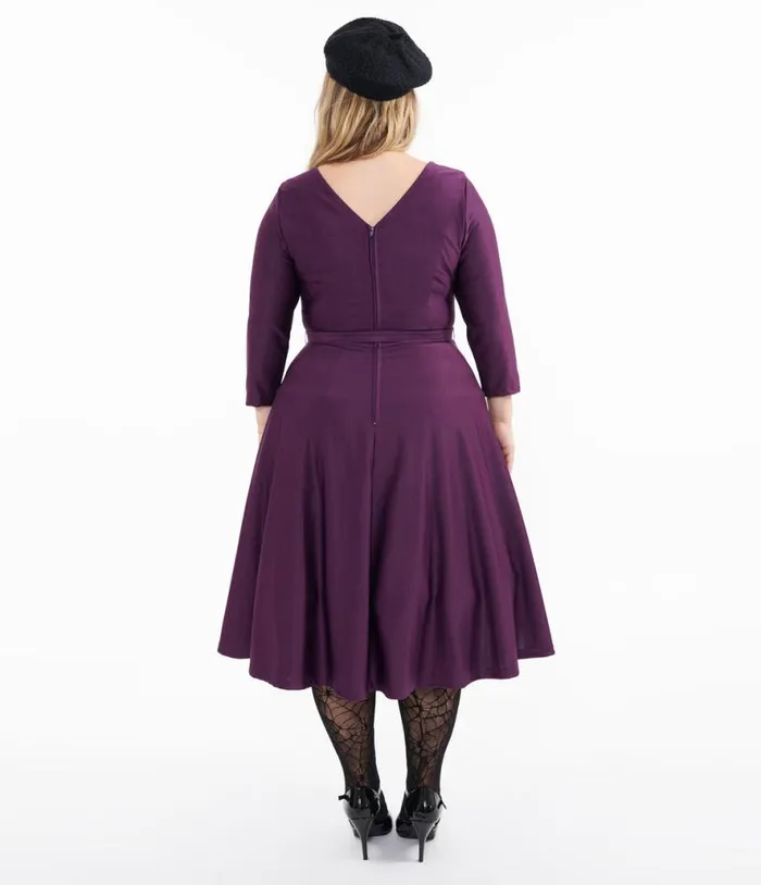 Plus Size 1950s Eggplant and Black Spiderweb Devon Swing Dress DressesHalloween Unique Vintage Dresses