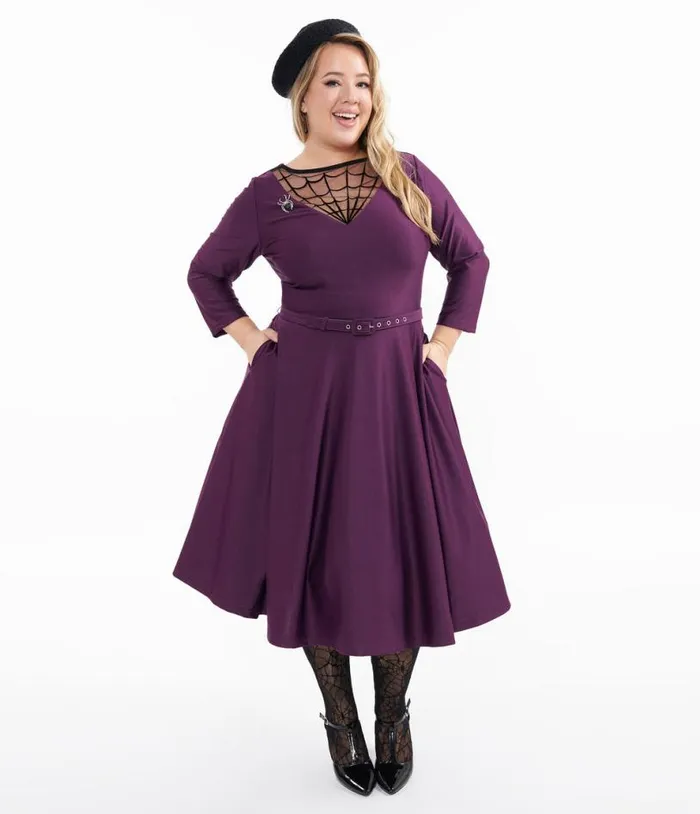 Plus Size 1950s Eggplant and Black Spiderweb Devon Swing Dress DressesHalloween Unique Vintage Dresses