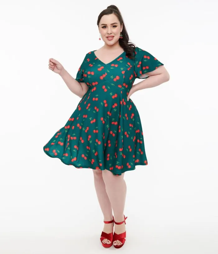 Plus Size 1950s Emerald and Cherry Print Poppy Flare Dress DressesPlus Unique Vintage Pocket Dresses Plus Size 1950s Emerald and Cherry Print Poppy Flare Dress DressesPlus Unique Vintage Pocket Dresses
