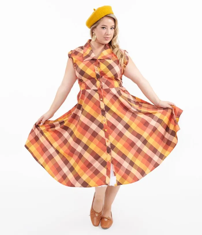 Plus Size 1950s Fall Madras Plaid Shirt Dress Dresses Unique Vintage Pocket Dresses
