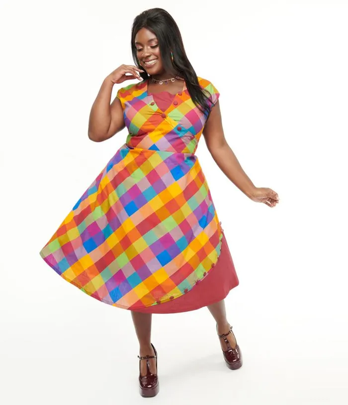 Plus Size 1950s Fall Madras Plaid Swing Dress Dresses Unique Vintage Swing