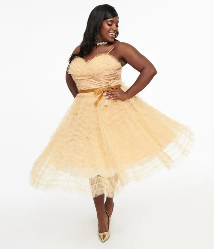 Plus Size 1950s Gold Glitter Tulle Cupcake Swing Dress DressesPlus Unique Vintage Swing Plus Size 1950s Gold Glitter Tulle Cupcake Swing Dress DressesPlus Unique Vintage Swing