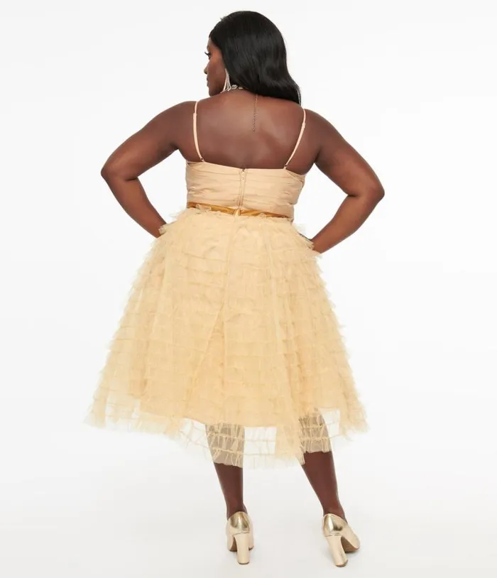 Plus Size 1950s Gold Glitter Tulle Cupcake Swing Dress DressesPlus Unique Vintage Swing