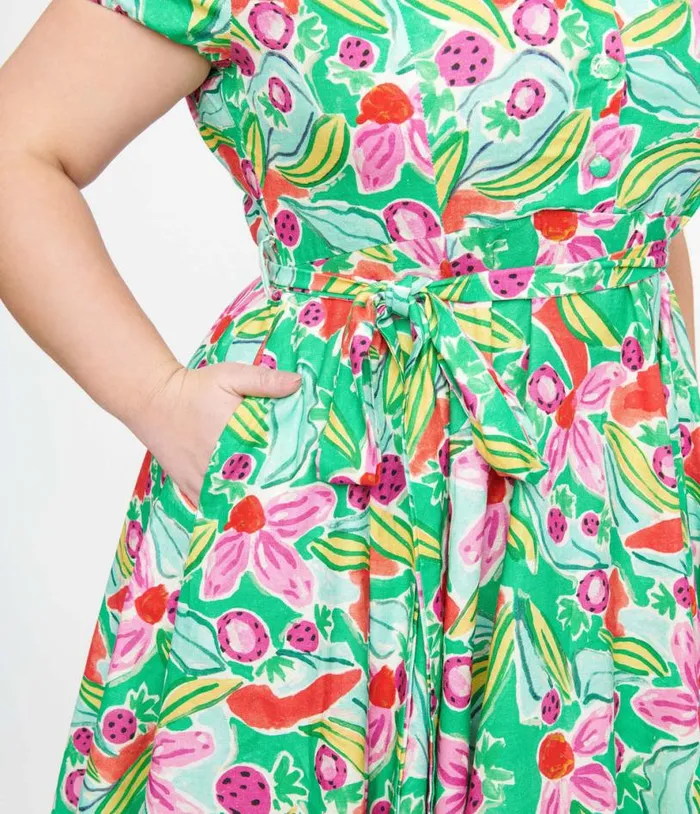 Plus Size 1950s Green and Pink Berry Bloom Print Monroe Fit and Flare Dress DressesPlus Unique Vintage Pocket Dresses