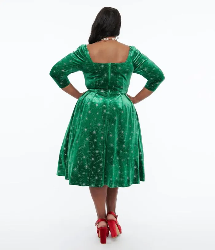 Plus Size 1950s Green and Silver Snowflake Velvet Lamar Swing Dress DressesPlus Unique Vintage Swing